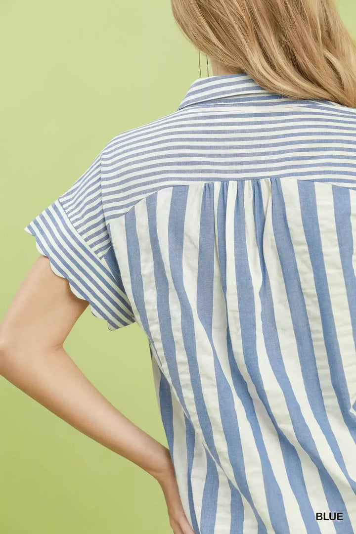 Striped flutter sleeve button-front cotton top