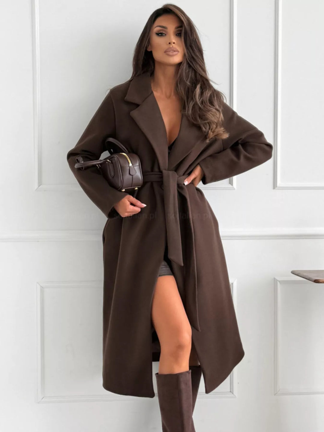 Brown Tie-waist longline coat with notched lapel collar