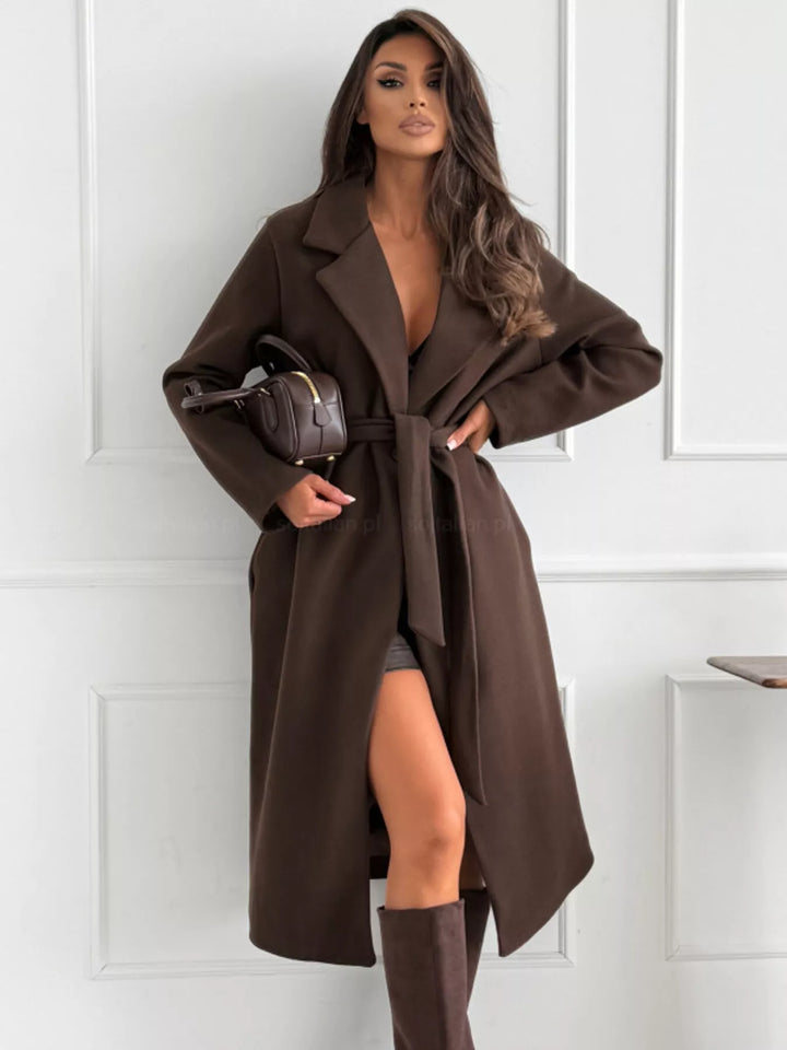 Brown Tie-waist longline coat with notched lapel collar