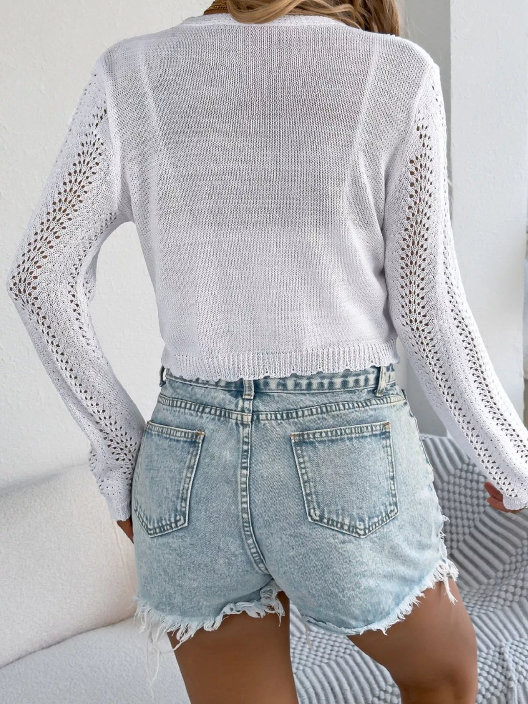 Openwork knit tie-front cropped cardigan