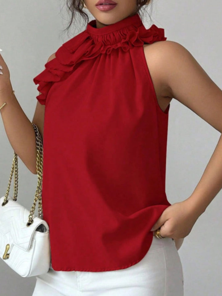Flowy ruffle-trim high-neck sleeveless blouse