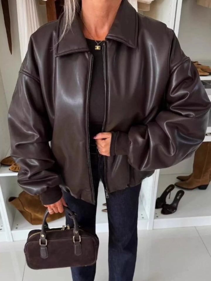 Brown Oversized faux leather zip-up jacket with dropped shoulders