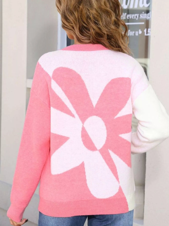 Color block floral crew neck knit sweater