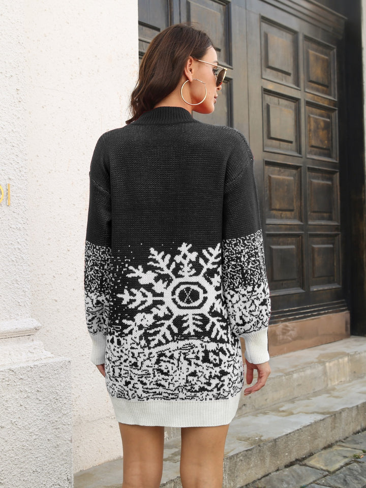 Snowflake knit sweater dress with mock neck and drop shoulders