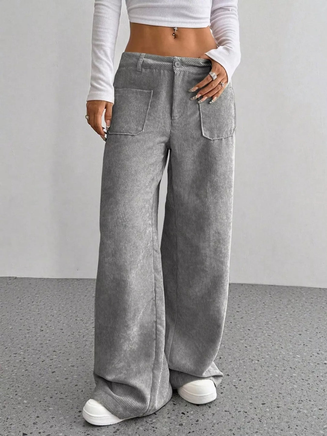 Wide-leg corduroy pants with front patch pockets