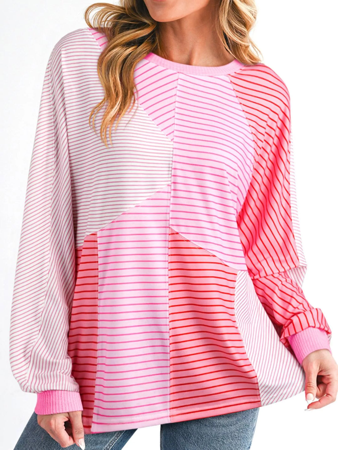 Exposed seam striped colorblock long sleeve top
