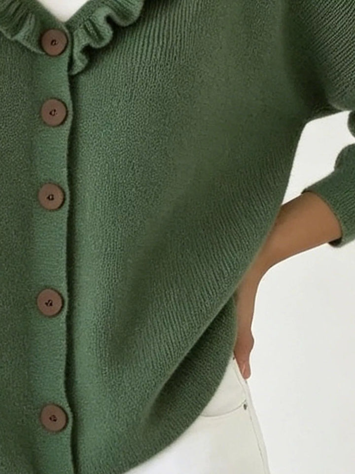 Ruffle-trim V-neck button-front knit cardigan