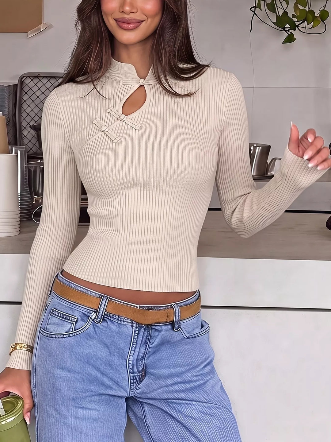 Apricot Ribbed knit mock neck top with frog button keyhole