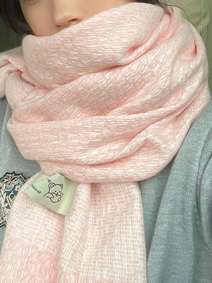 Basketweave texture oversized winter scarf with raw fringe hem