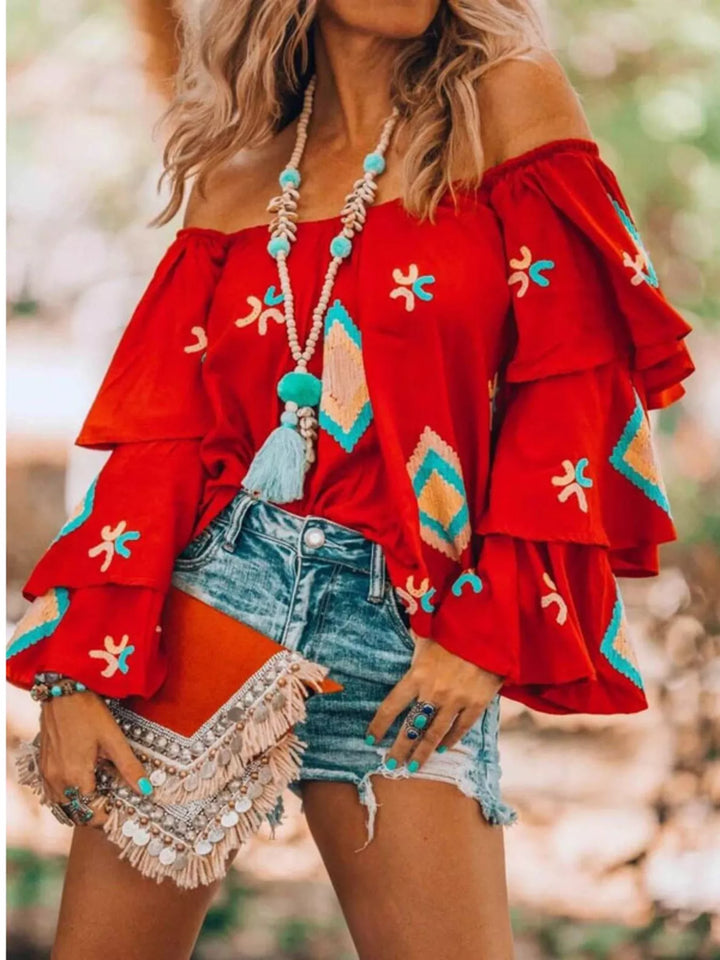 Off-shoulder embroidered tiered ruffle sleeve boho blouse