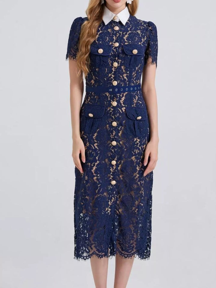 Belted floral lace midi shirt dress with contrast collar