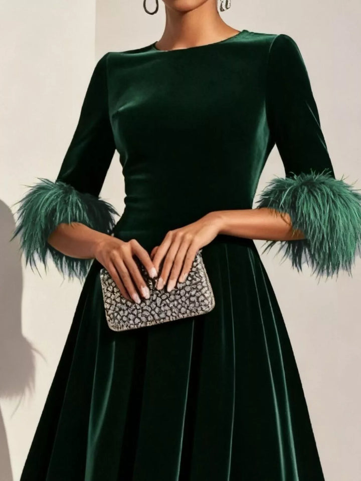 Feather cuff velvet midi dress with full A-line skirt