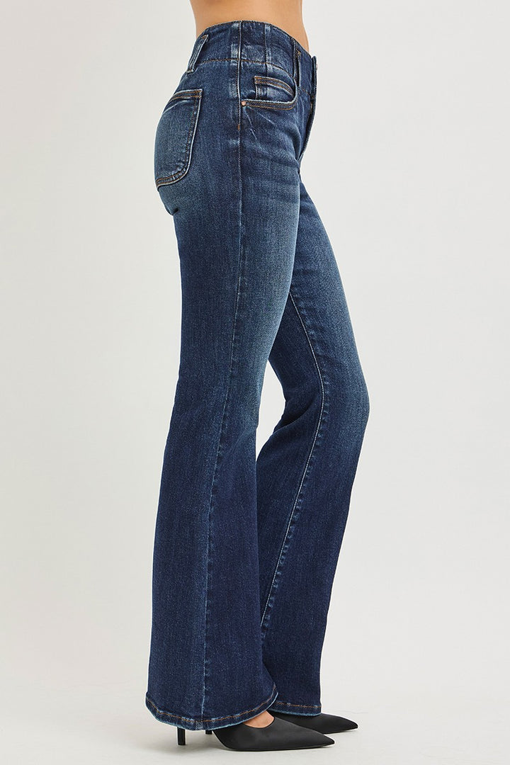 High-rise flare jeans with seam-detail waistband