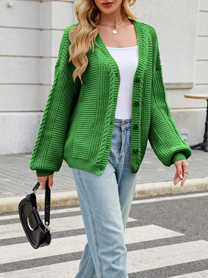 Green Cable knit button-front cardigan with drop shoulder sleeves