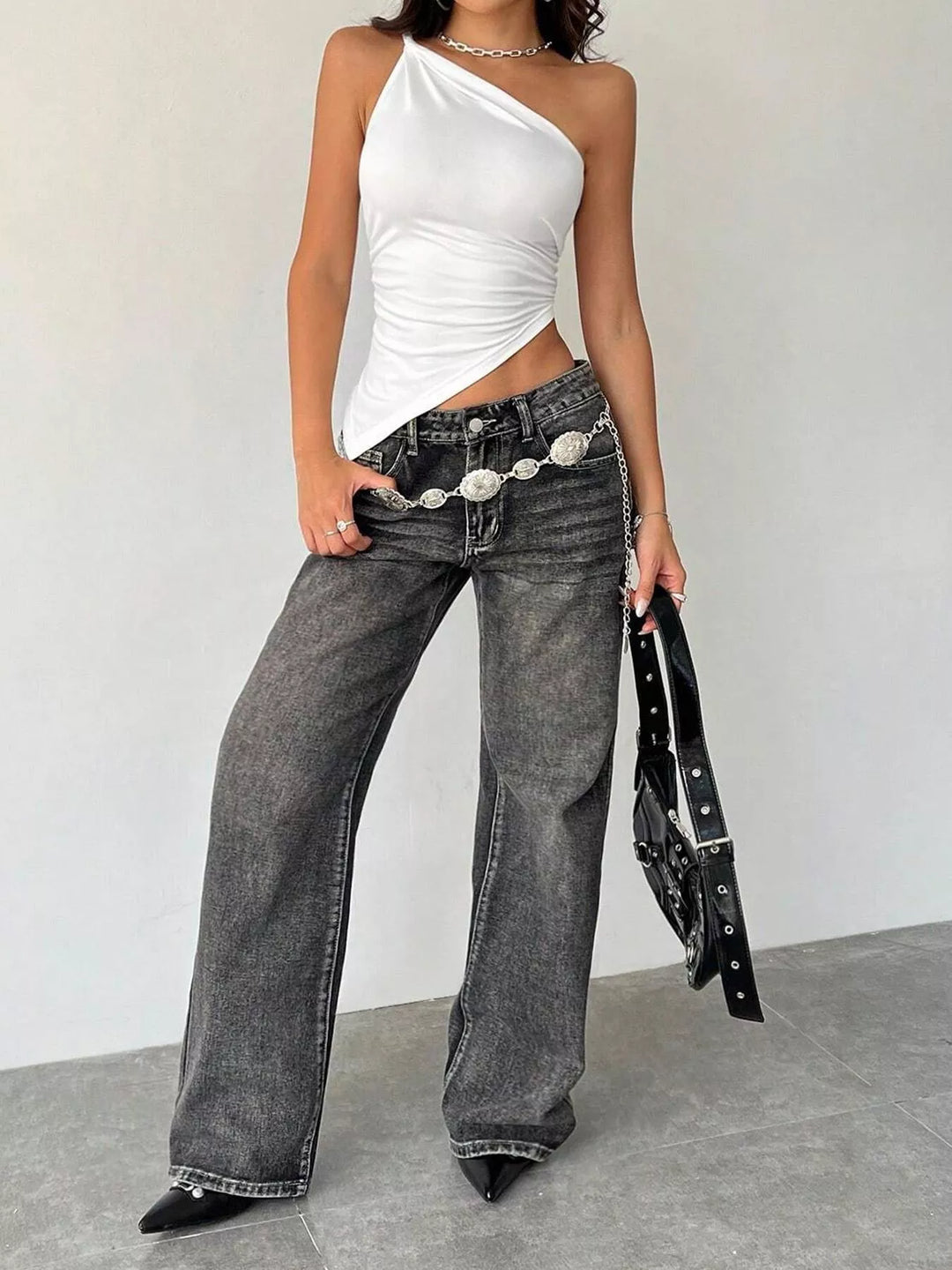 Fitted one-shoulder cami with asymmetric hem