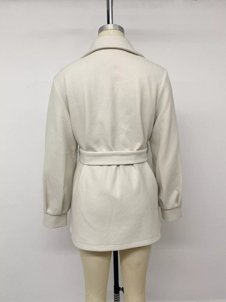 Belted notch lapel short coat with flap pockets