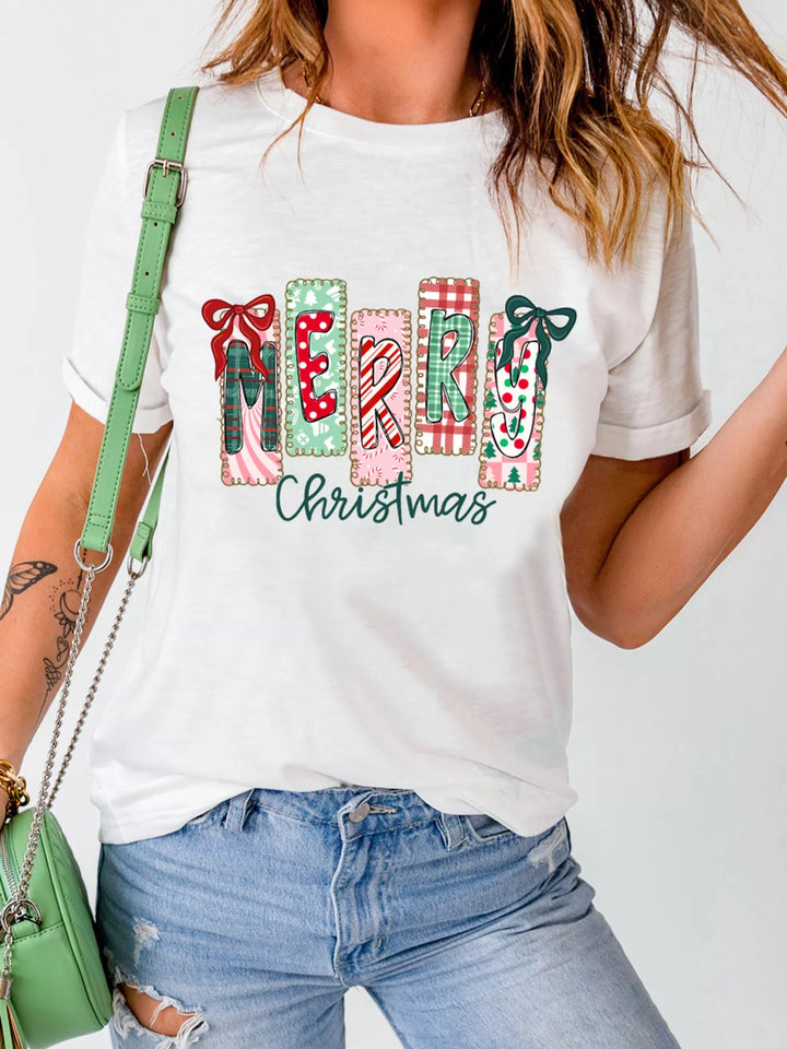 White Merry Christmas patchwork letter graphic tee with bows