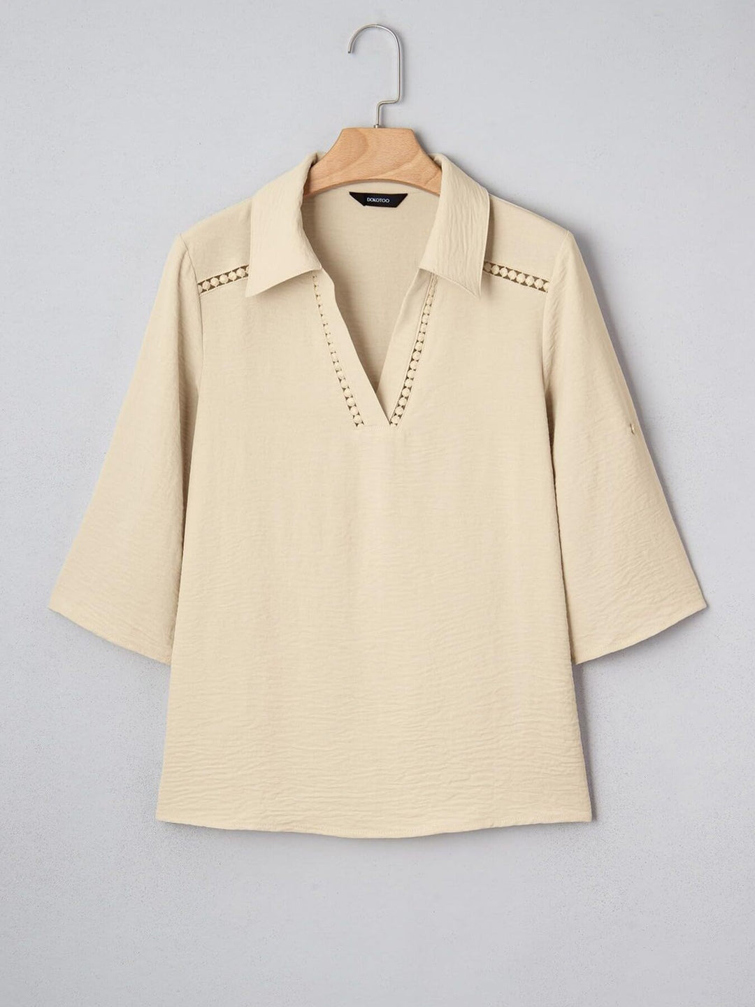 Johnny collar blouse with crochet lace trim and roll-tab sleeves