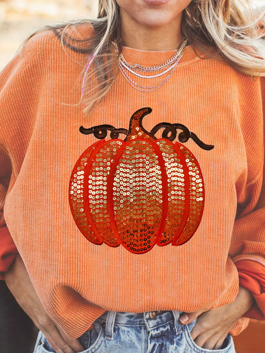 Tangerine Sequin pumpkin ribbed corded crew neck sweatshirt