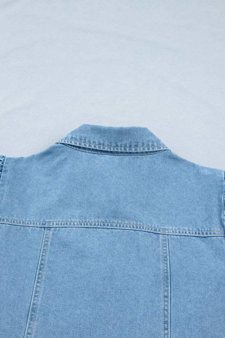 Button-down puff sleeve denim mini dress with ruffle hem