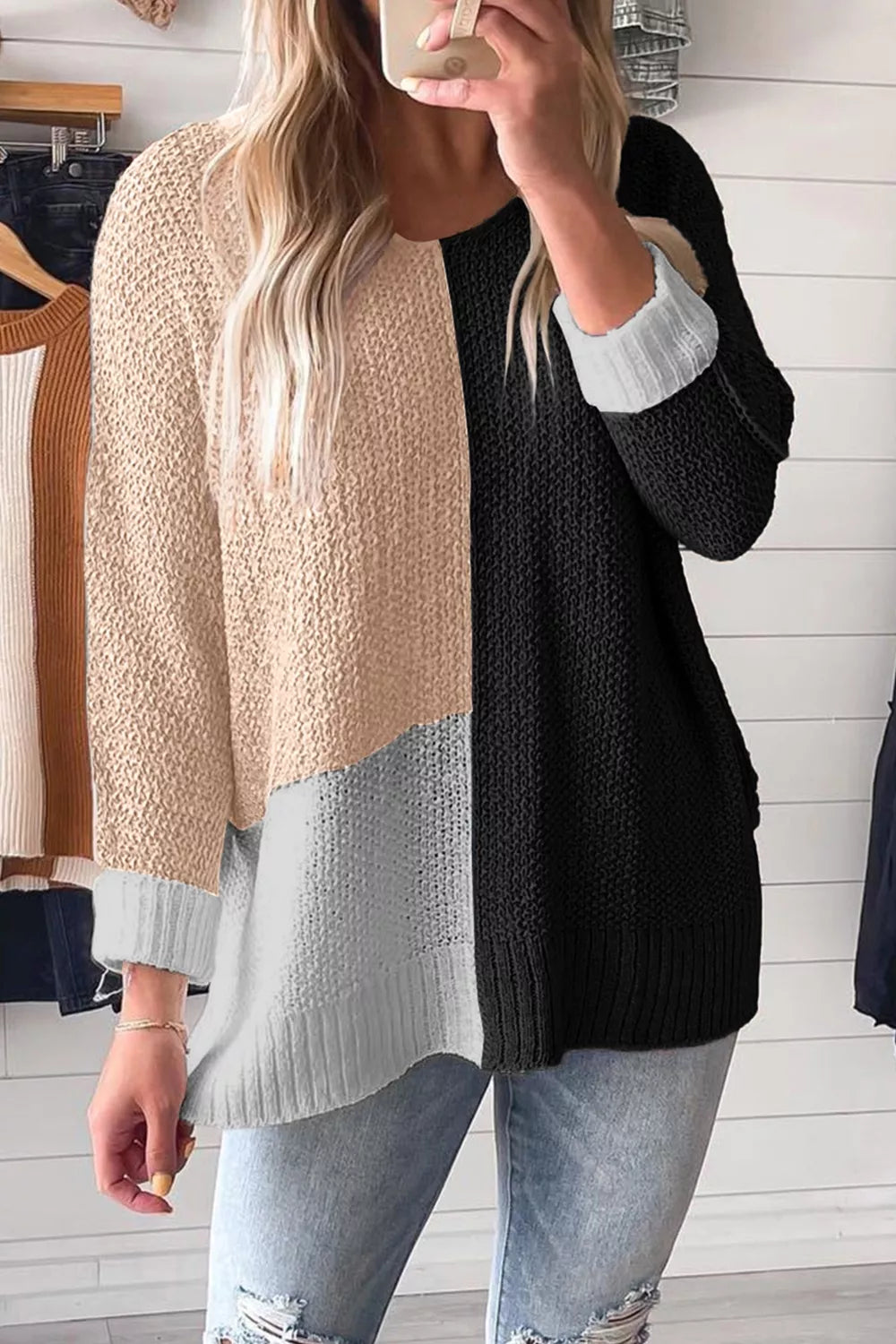 Color block ribbed knit v-neck loose sweater