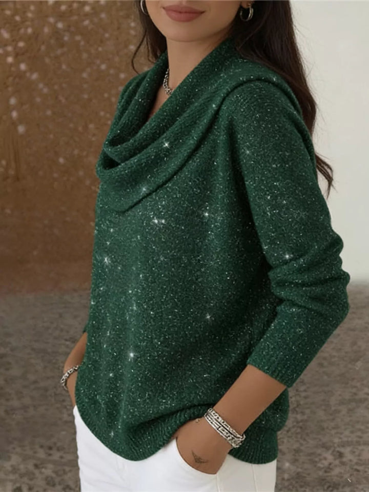Metallic ribbed knit cowl neck sweater with curved hem