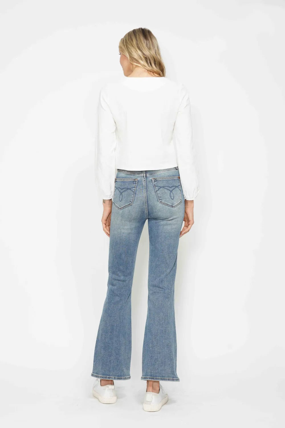High-rise tummy control bootcut jeans with embroidered pockets