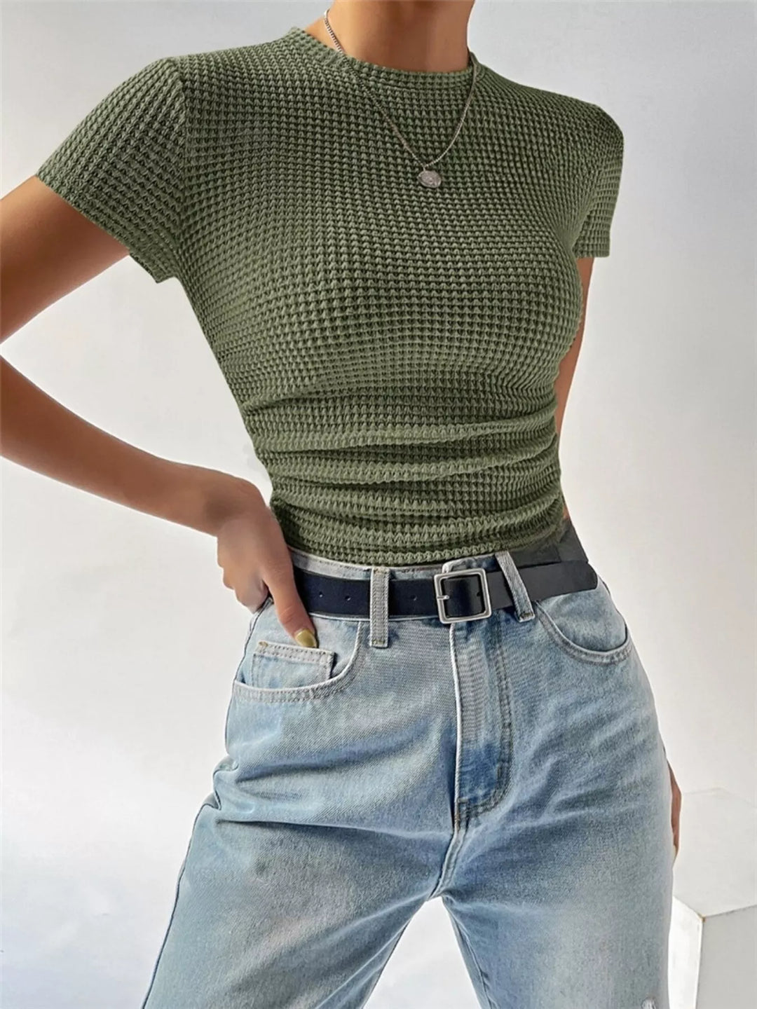 Textured waffle knit slim-fit crew neck tee