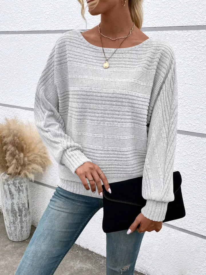 Light Gray Ribbed knit relaxed long sleeve boat-neck top