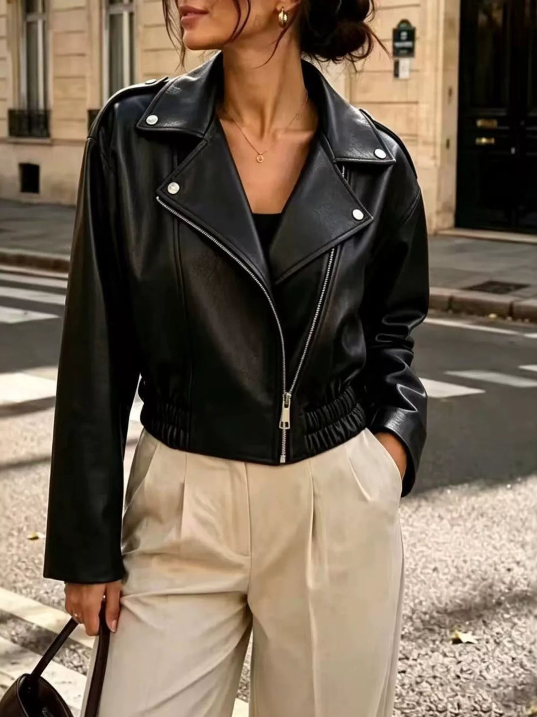 Black Cropped faux leather moto jacket with asymmetric zip