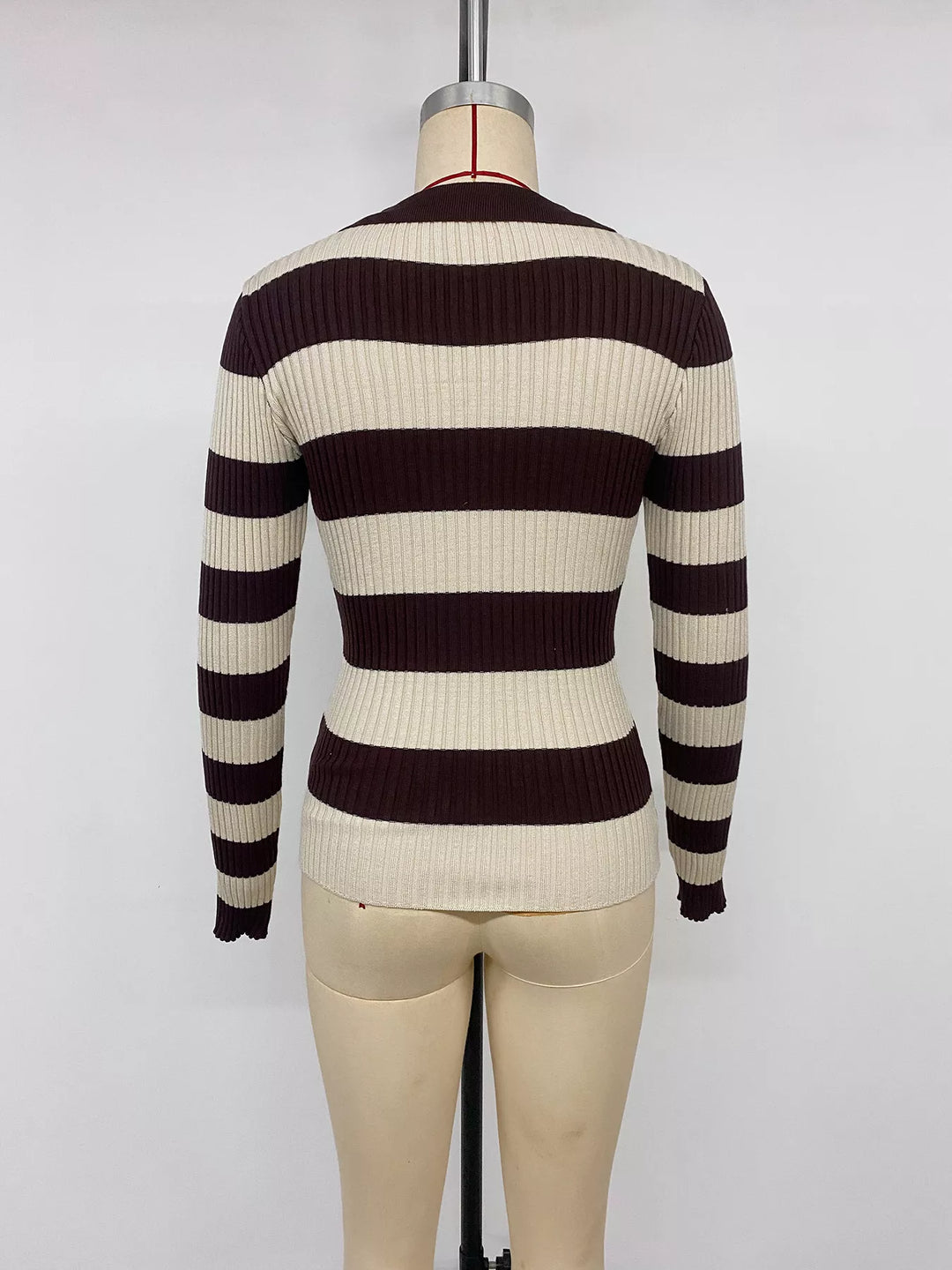 Striped ribbed knit polo collar long sleeve top