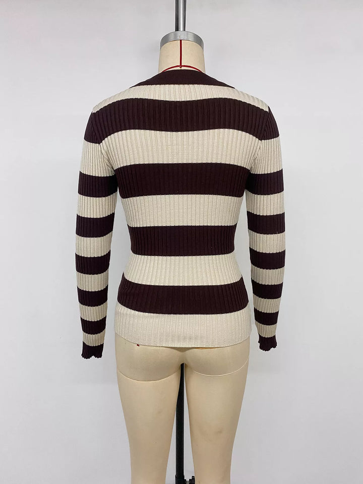 Striped ribbed knit polo collar long sleeve top