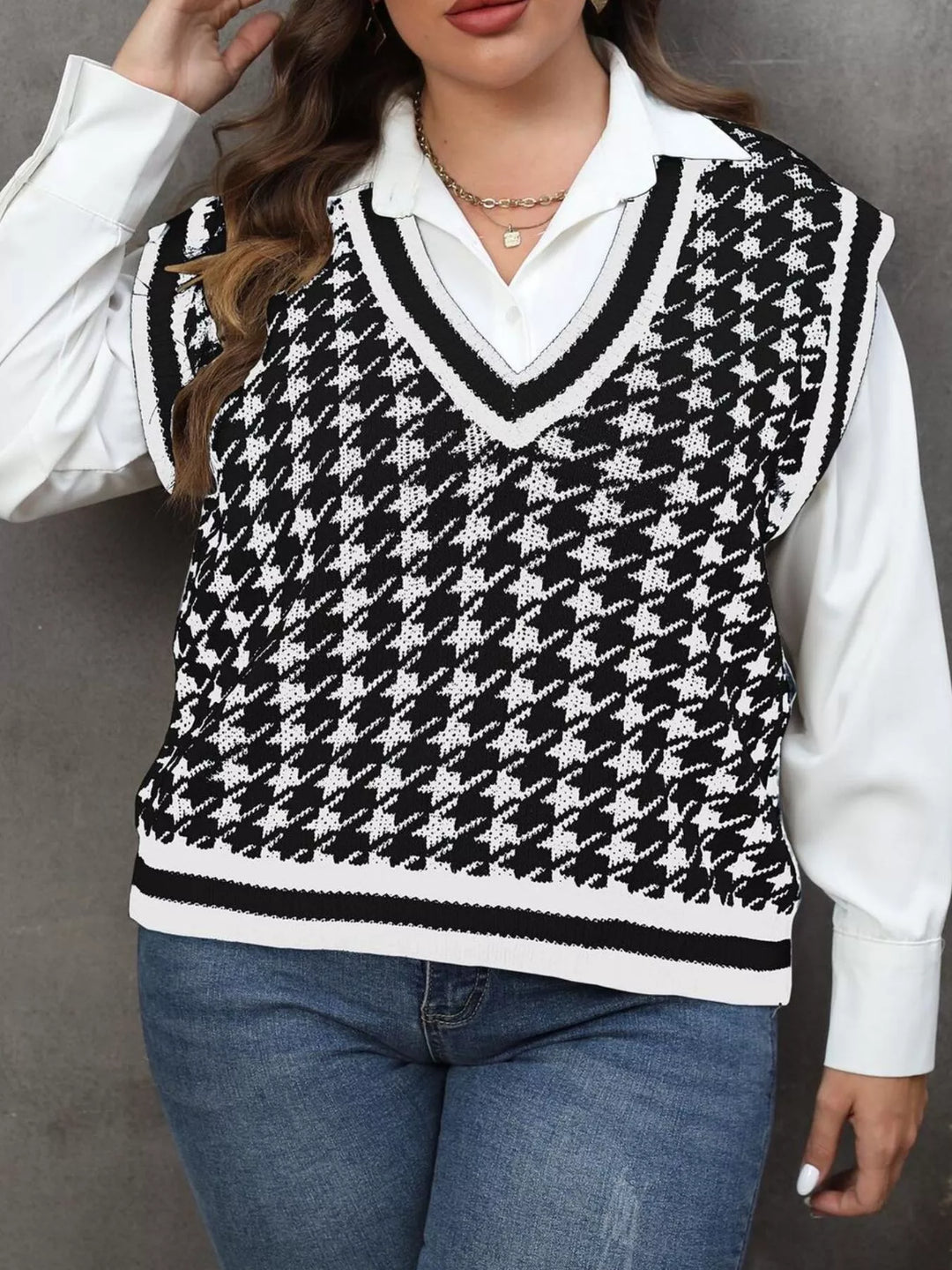 Houndstooth V-neck knit sweater vest with striped rib trim
