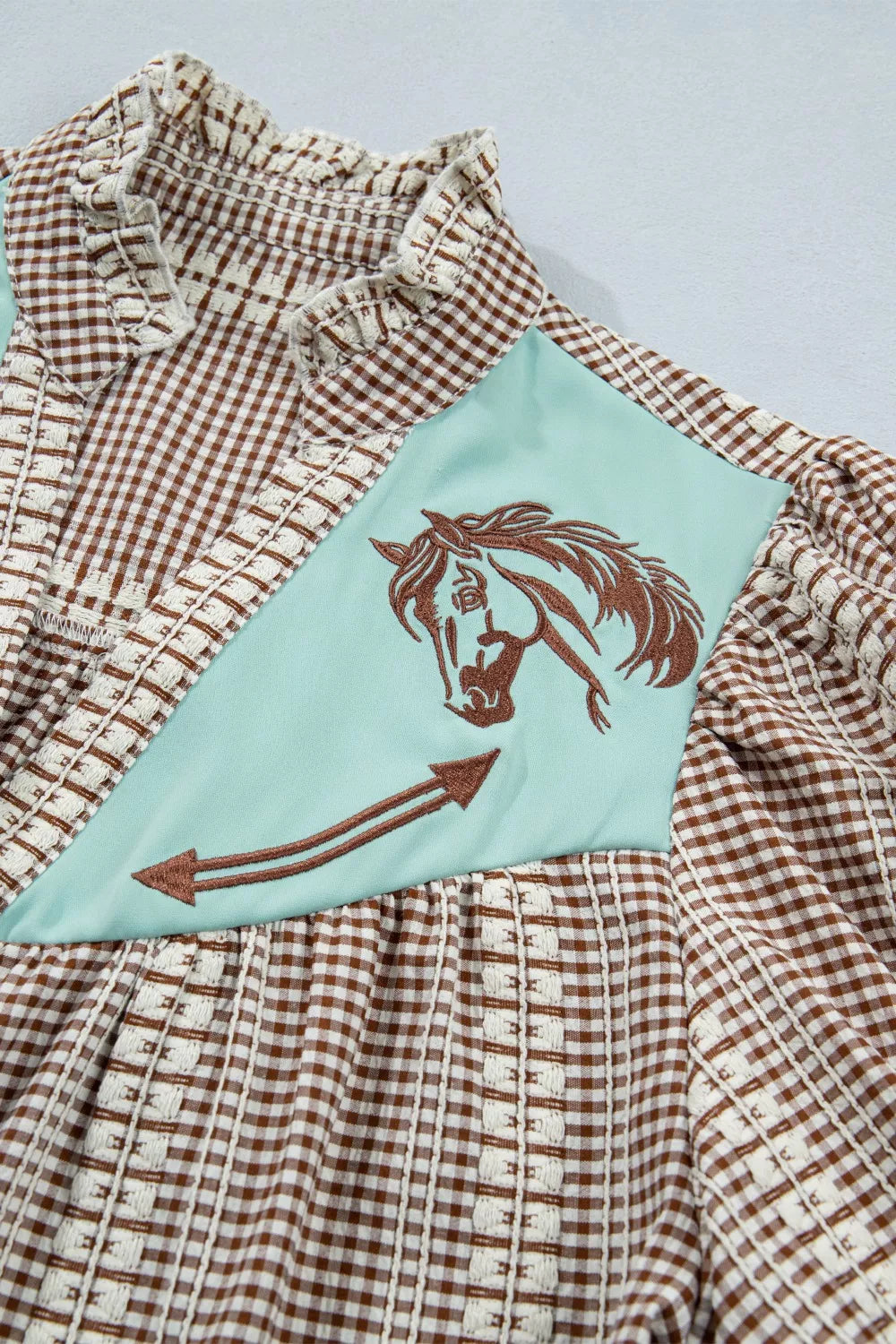 Embroidered horse yoke gingham puff sleeve blouse