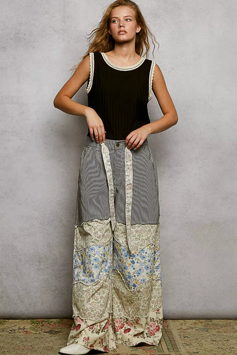 Ribbed lace trim tank top with high-low hem