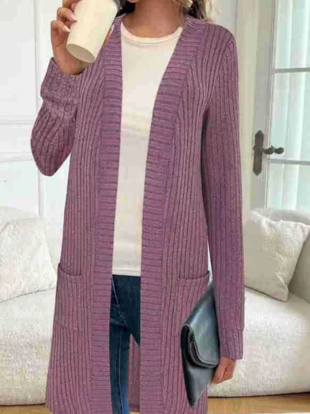 Ribbed knit open-front longline cardigan with pockets