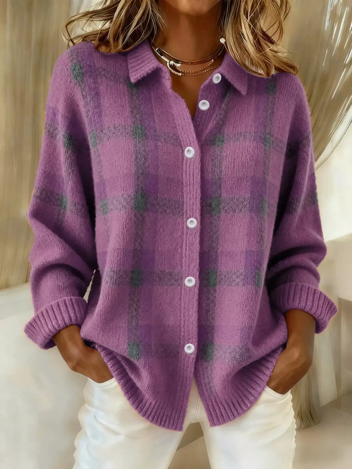 Purple Plaid knit button-down shirt cardigan with collar