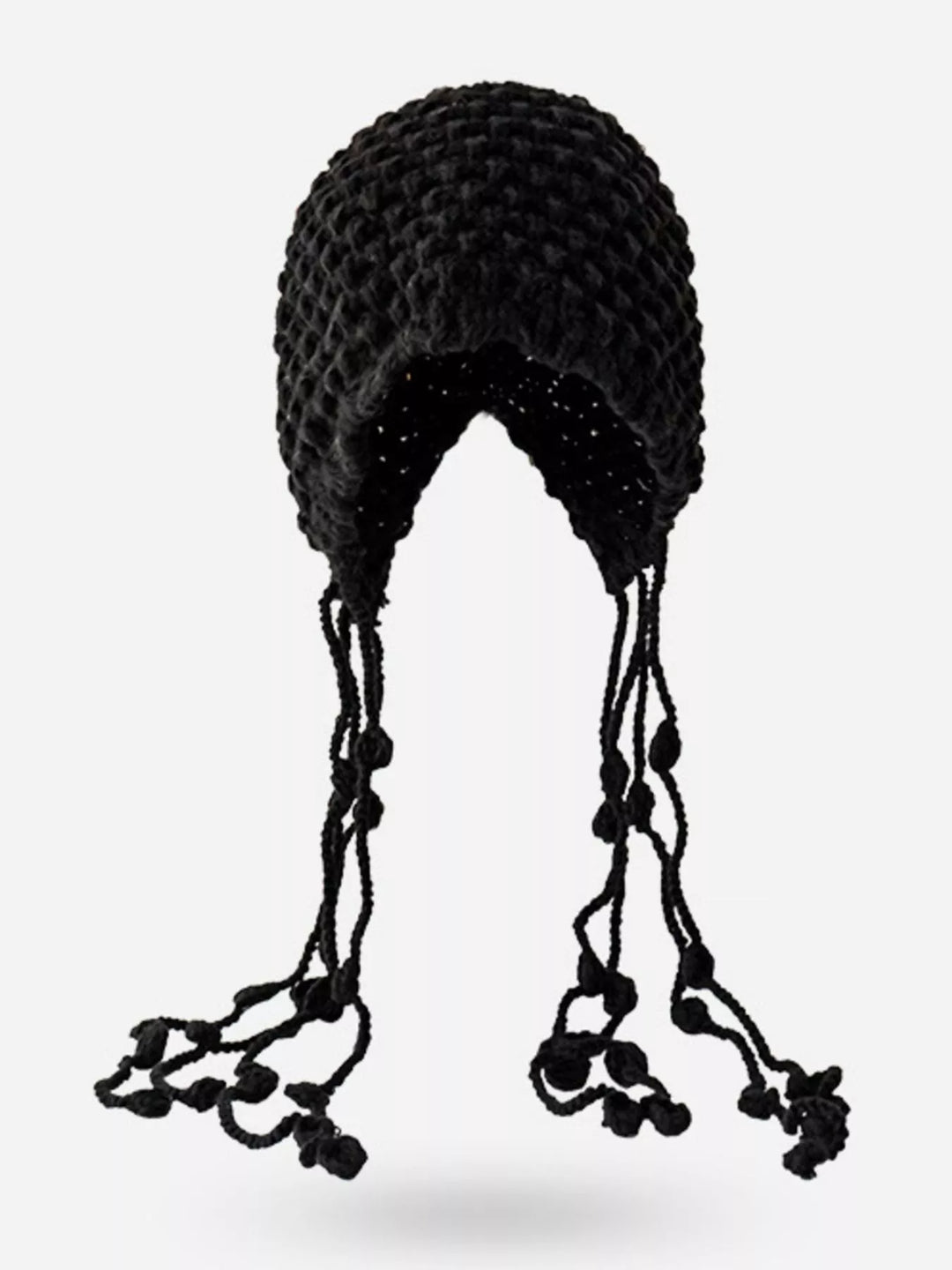 Black Chunky knit earflap beanie with braided tassel ties