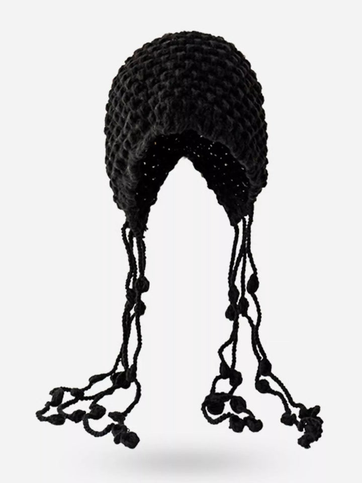 Black Chunky knit earflap beanie with braided tassel ties