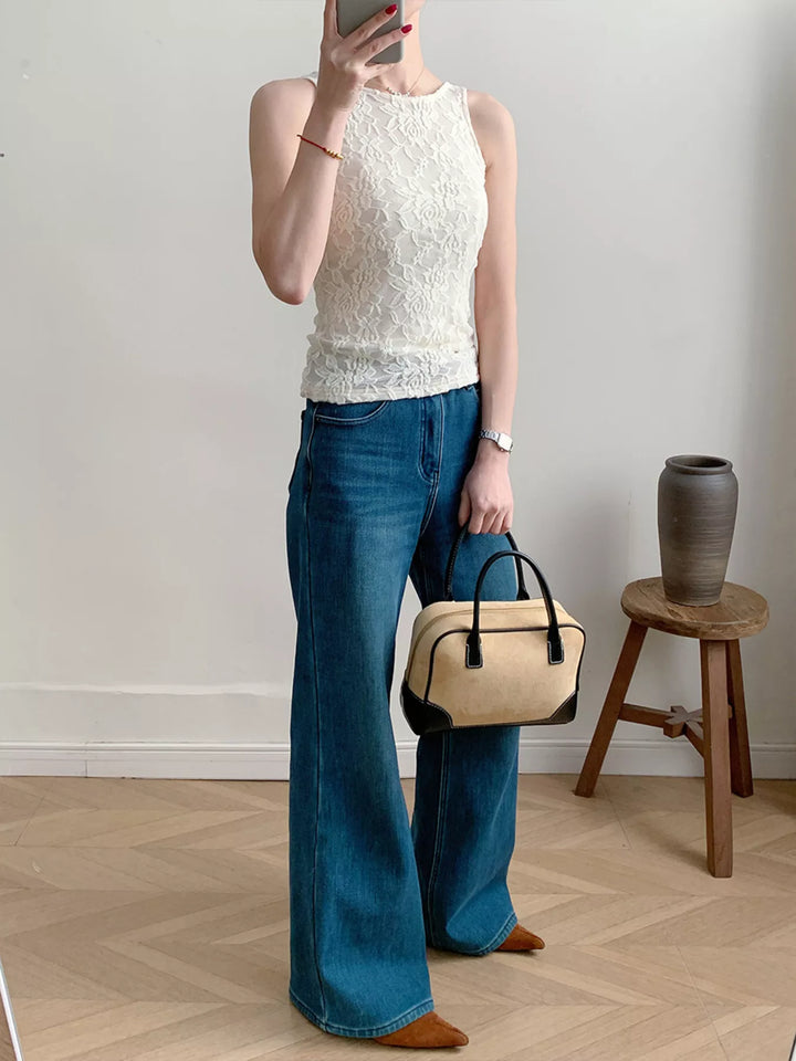Sheer floral lace round neck long sleeve top
