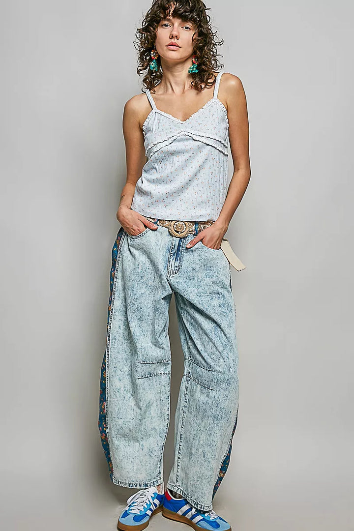 Floral print ribbed knit cami with ruffle trim
