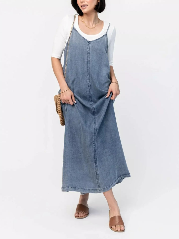 Washed denim cami maxi dress with side pockets