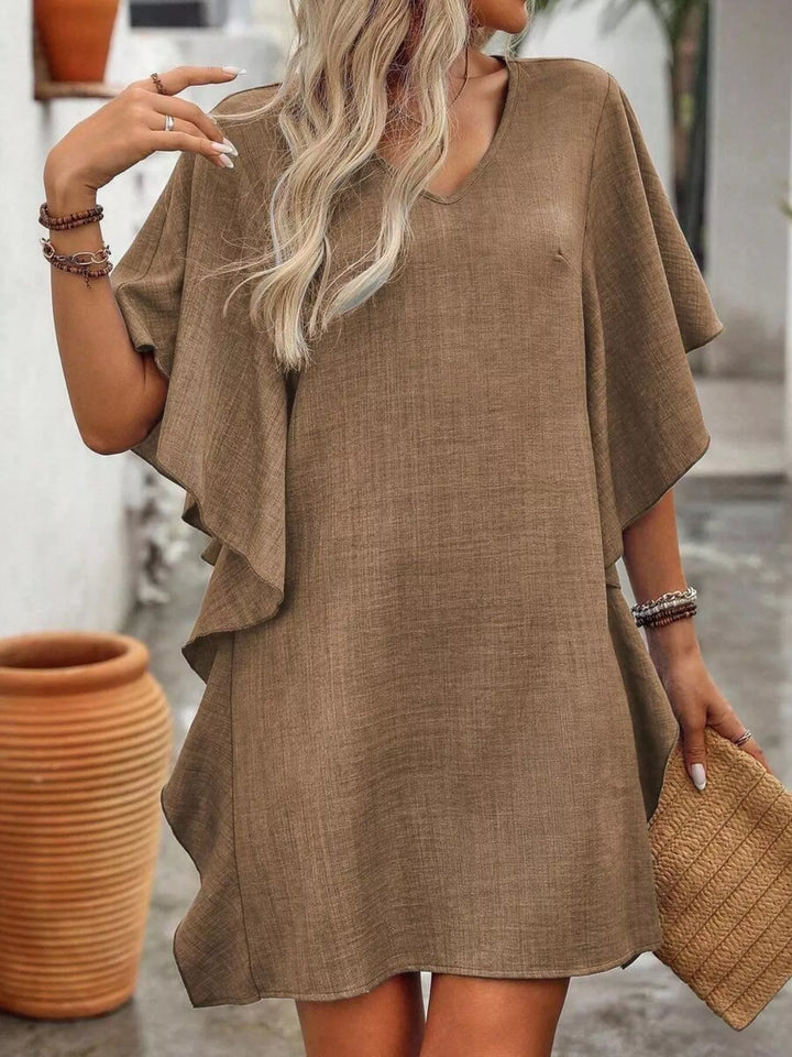 Flutter sleeve V-neck relaxed mini shift dress