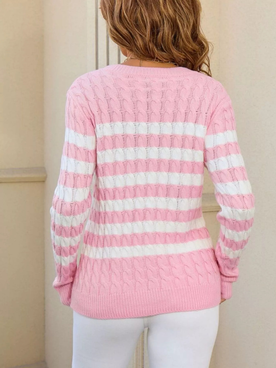 Striped cable knit sweater with ribbed crew neck