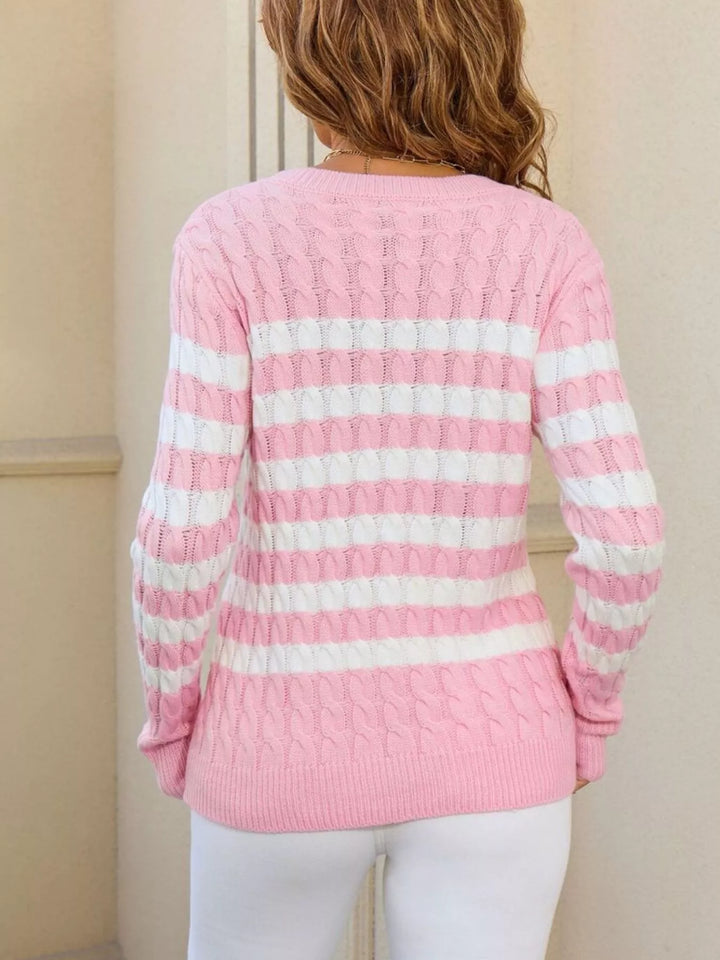 Striped cable knit sweater with ribbed crew neck