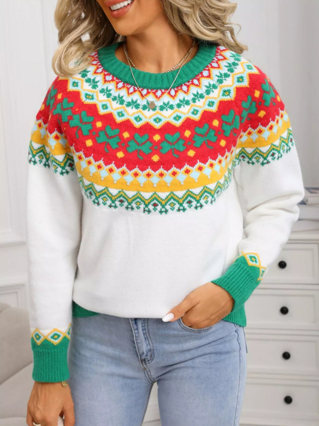 Clover pattern Fair Isle round neck knit sweater