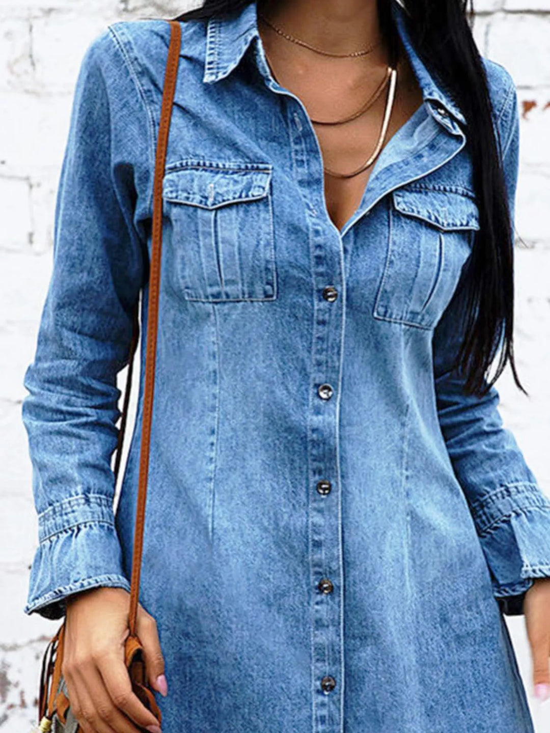 Long sleeve button-front denim mini shirt dress
