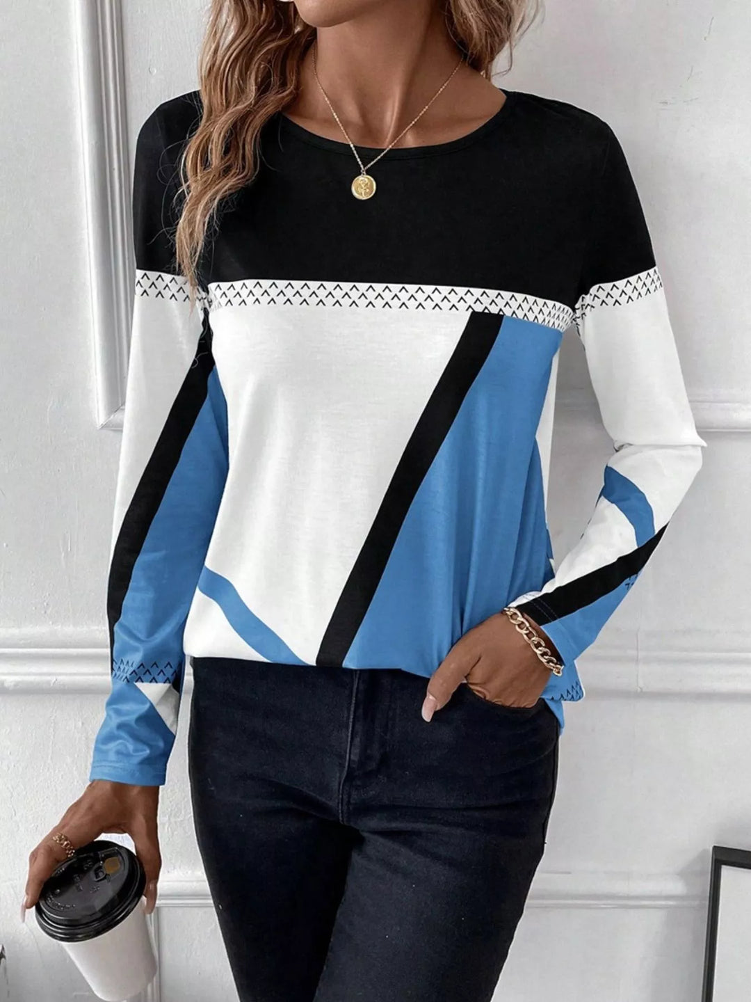 Geometric color block long sleeve crew neck top
