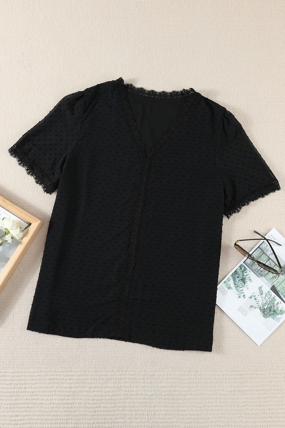Black Plus size Swiss dot blouse with crochet lace V-neck