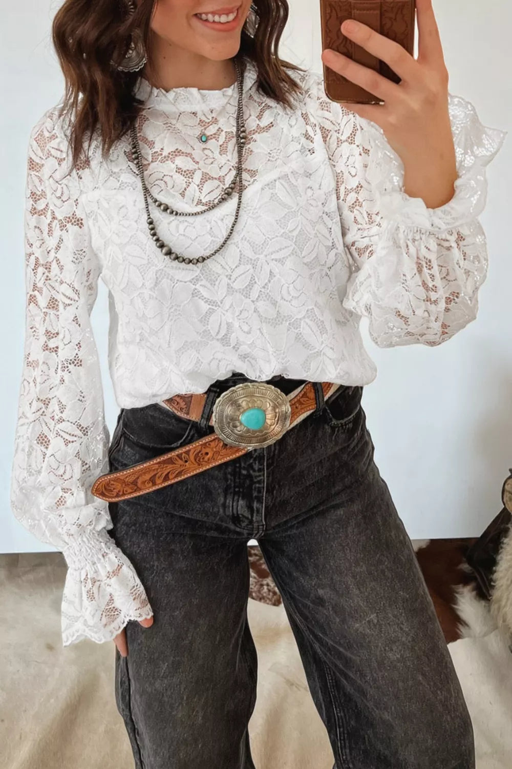 Sheer floral lace blouse with ruffle mock neck and flounce sleeves